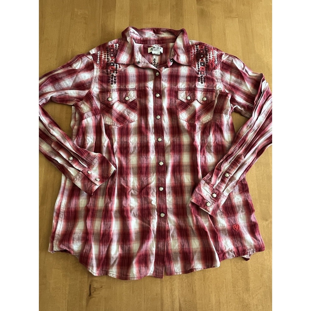 Ariat Real Women's Alvaro Plaid Pearl Snap Embroidered‎ Western Shirt Red Sz XL